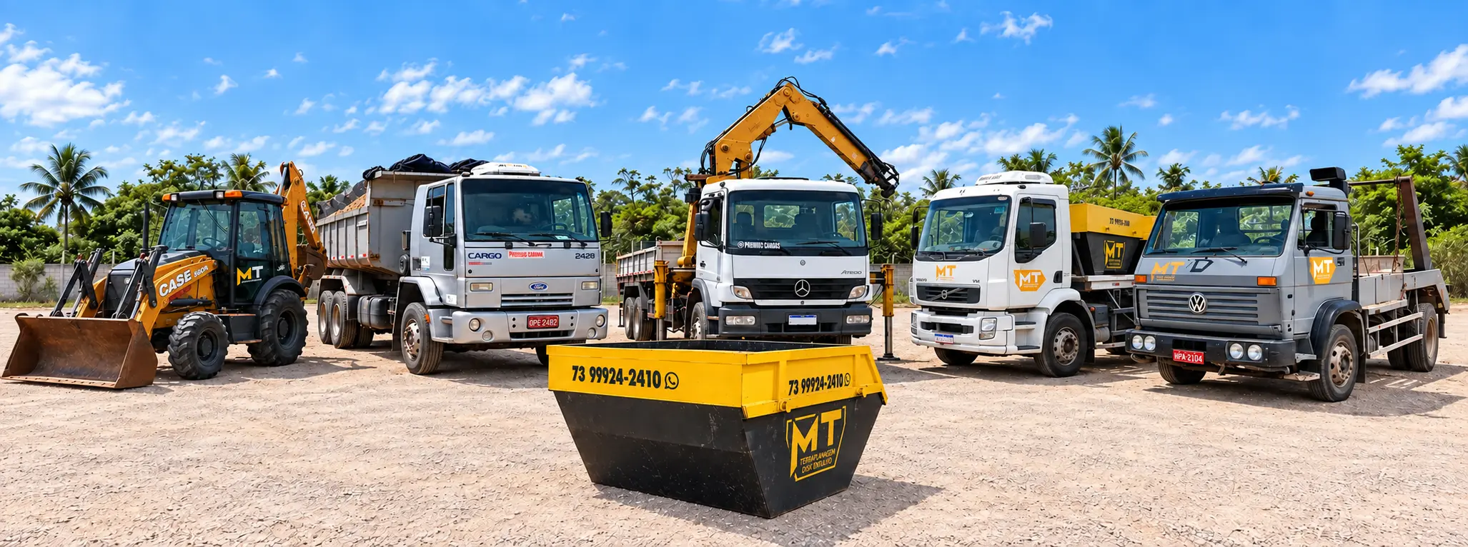 Frota completa da MT Terraplanagem com retroescavadeira, caminhão caçamba truck, caminhão munck, dois caminhões de caçamba estacionária e caçamba